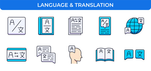 Language & Translation Vector Icon Set - Translate, Dictionary, Book, Document, Chat Bubble, Globe, Head, Communication, Global Icons - Editable Line Weight