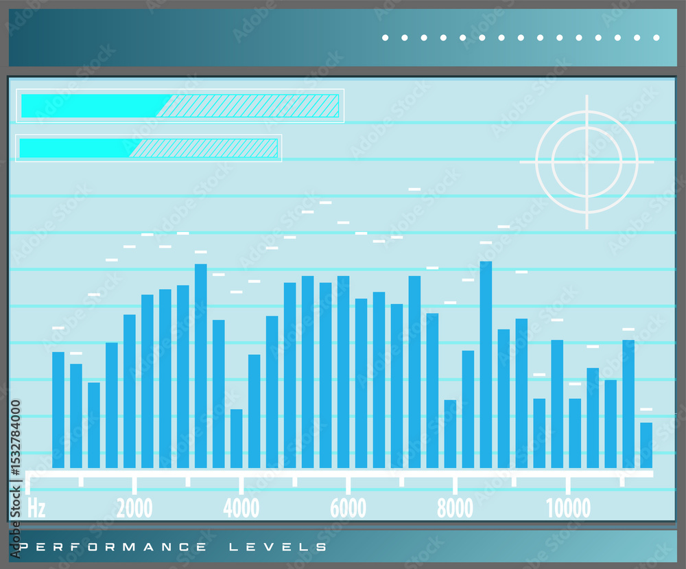 Poster showing flat performance levels chart with bars on hz axis, progress bars, transparent background