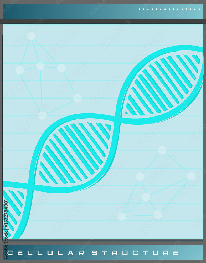 Poster turquoise dna helix is running along vector grid, showing molecular nodes on transparent background