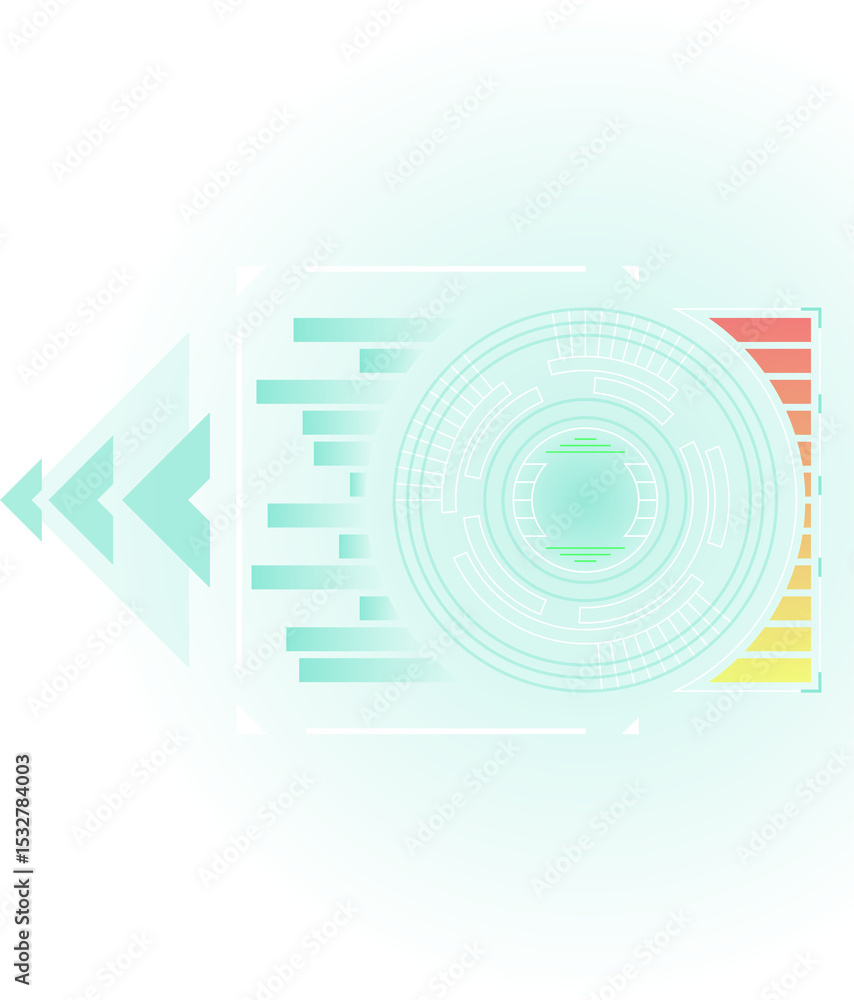 Aufkleber showing flat hud in teal circle on transparent-bg with arrowed frame, circles and gradient bars