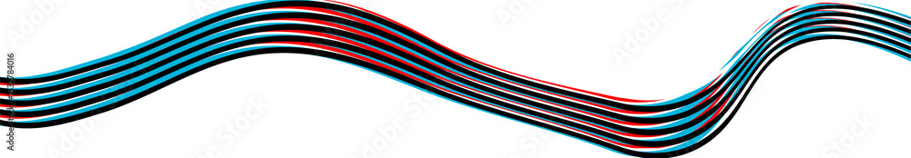 Poster abstract ribbon is flowing over transparent backdrop in flat vector art with cyan black red stripes