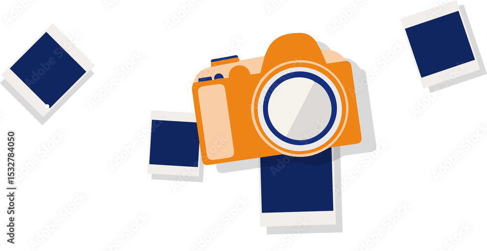 Poster orange dslr camera floating among square prints and splashes in flat style, transparent backdrop