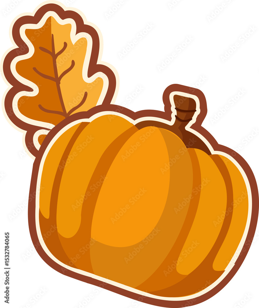 Poster pumpkin is floating in flat vector with oak leaf accent on transparent background