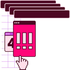 Showing windows on clear background burgundy bars purple grid pink blocks 4 pixel cursor clicking