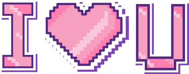 Pixel-art showing I heart U message in pink, white pixels, purple outlines, transparent background