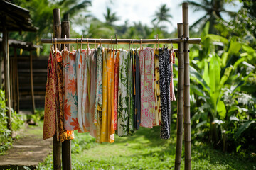 Fototapeta premium Traditional bamboo clothes drying racks are placed in open spaces exposed to direct sunlight.