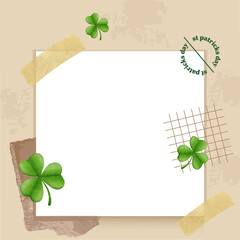 Flat frame template is featuring shamrock motifs, masking tape, torn paper on transparent backdrop
