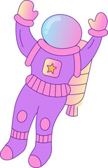 Cartoon astronaut is floating in flat purple spacesuit with gradient visor, transparent background