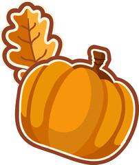 Pumpkin is floating in flat vector with oak leaf accent on transparent background