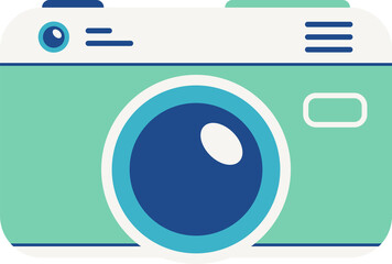 Flat-design digital camera is floating on transparent background, featuring lens and shutter button