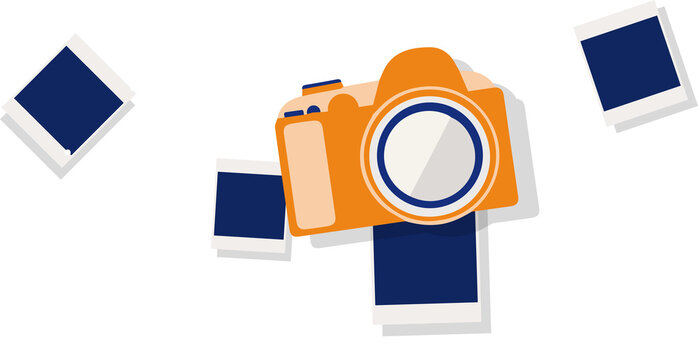 Orange DSLR camera floating among square prints and splashes in flat style, transparent backdrop