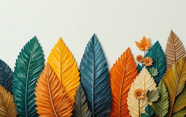 Blue Green Yellow and Orange Leaves on white Background.