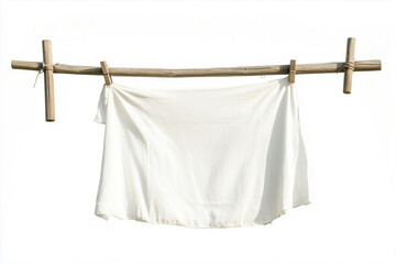 Traditional wooden clothesline with clothes hangers on white background