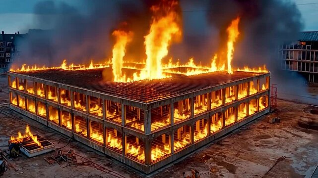 Dramatic Fire Engulfs Modern Building Construction Site in Urban Setting at Night with Bright Flames and Smoke