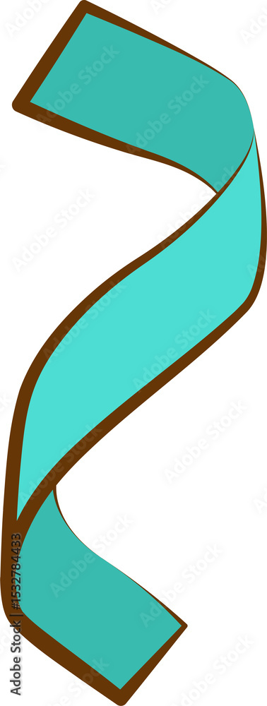 Poster flat design teal ribbon is twisting in s-curve on transparent backdrop featuring brown outline