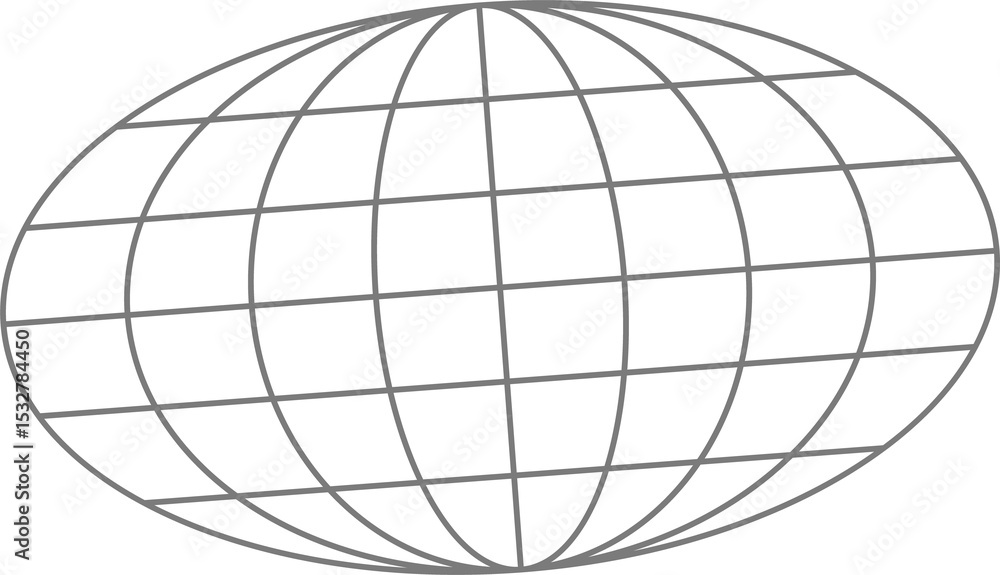 Poster 3d wireframe globe is rotating with curved intersecting grid lines, transparent background
