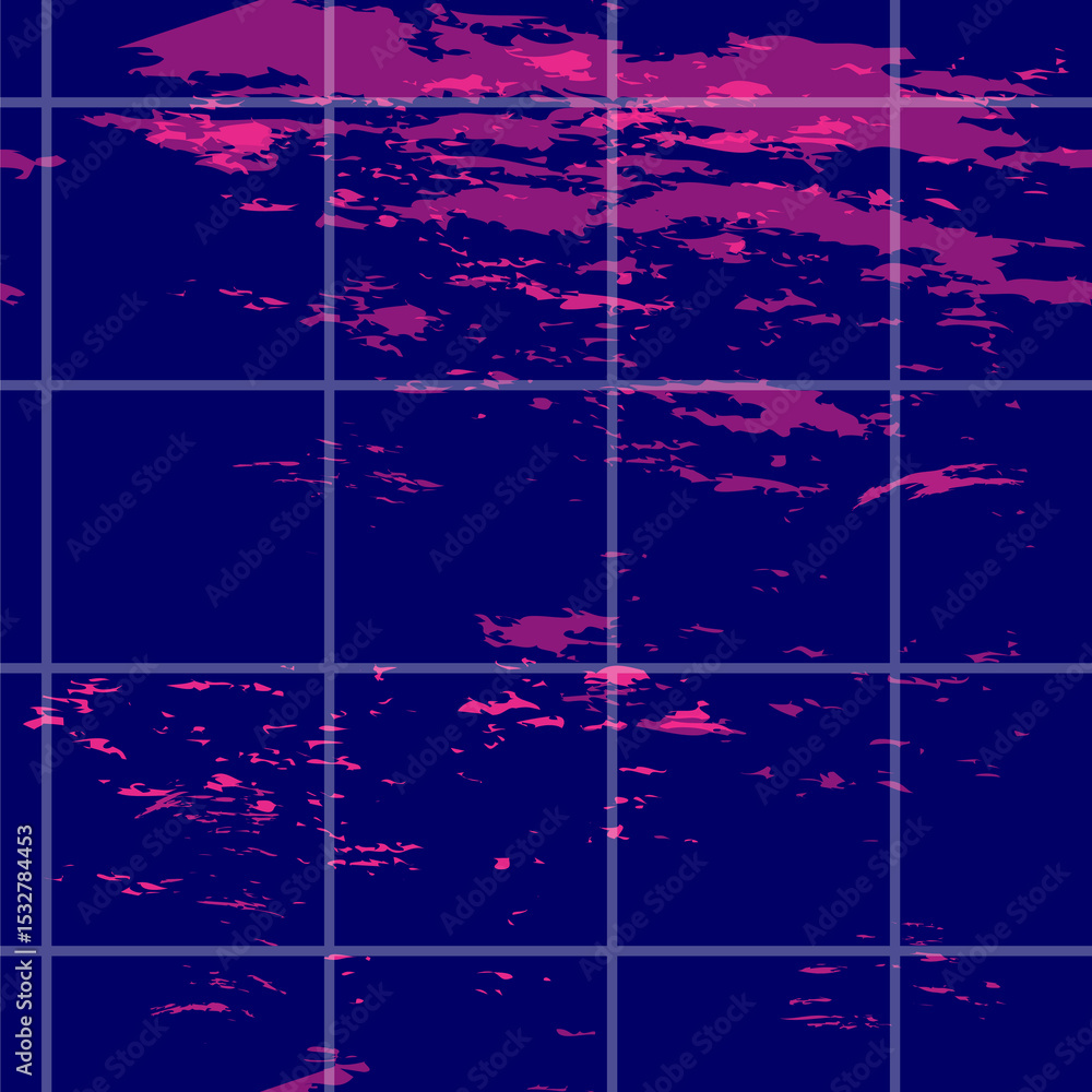 Poster abstract flat design art is showing glitch grid over transparent background with magenta splotches