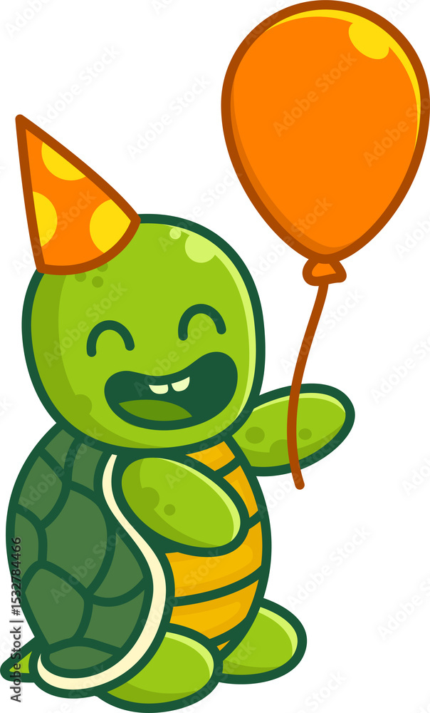 Poster flat design turtle is partying on transparent background with party hat and holding orange balloon