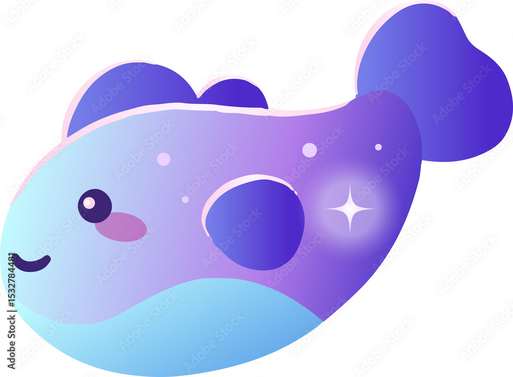 Poster flat fish design is floating on clear background showing gradient fins and star sparkle
