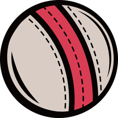Cricket ball is being shown in flat design with red seam, black stitching on transparent background