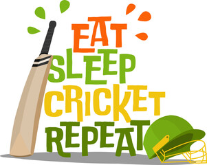 Showing EAT SLEEP CRICKET REPEAT design with bat, helmet, droplets, shadow on transparent backdrop