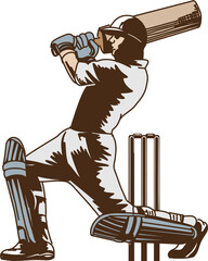 Two-tone flat design cricket batsman is swinging bat across wicket stumps, transparent background