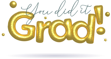 Naklejka premium Gold balloon Grad! is floating on transparent background You did it, scattering stars and confetti