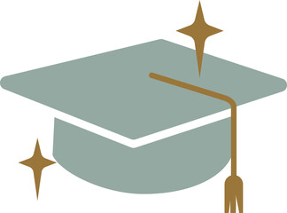 showing flat graduation cap draping gold tassel, floating 2 gold sparkles, transparent background
