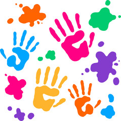 Obraz premium Flat design colorful handprints are scattering across transparent backdrop with paint splashes