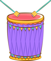 Vector is showing purple drum with pennants and turquoise mallets on transparent background