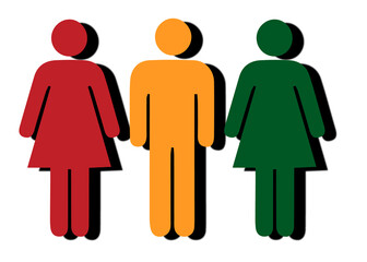 Three silhouettes are standing flat style on transparent background with colors and drop shadows