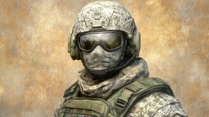 Modern soldier in full gear against textured background