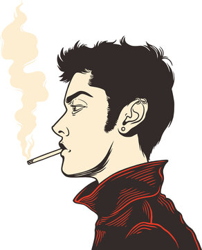Stylized profile man smoking cigarette in red jacket with ear piercings on transparent background