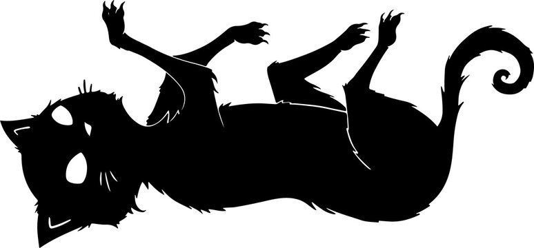 Fototapeta Black cat silhouette is lying on back in flat design, curled tail on transparent background