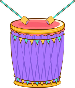 Vector is showing purple drum with pennants and turquoise mallets on transparent background