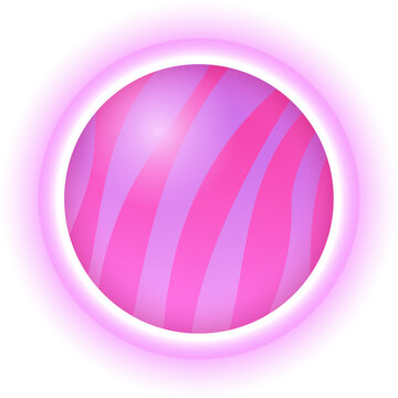 Decorative orb is floating in 3D featuring striped sphere within pink ring, transparent backdrop