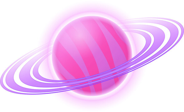 Fototapeta flat ringed planet is floating with pink-purple stripes, neon purple rings, transparent background