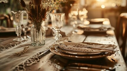 Bohemian Table Setting with Artisanal Ceramics and Vintage Silverware, Close-Up of Rustic Dining Decor with Dried Florals and Textured Linens, Ideal for Restaurant Menu or Wedding Invitation Design