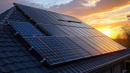 Solar panel wind resistance secure installation modern residential roof golden hour lighting aerodynamic mounting weatherproof design