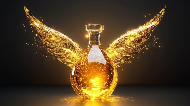 Magical elixir with glowing wings in ethereal light