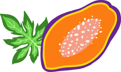 Half-cut papaya fruit is showing vivid seeds and leaf in flat design, transparent background
