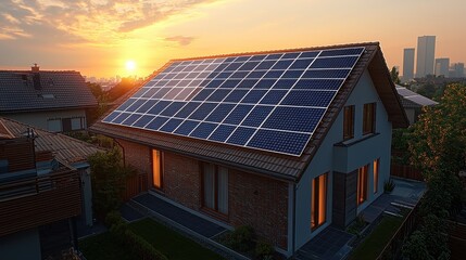 Naklejka premium Solar panel optimization modern home rooftop solar installation blue panels energy efficient system residential architecture sustainable power