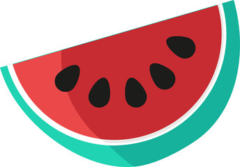 Vector watermelon slice floating on transparent bg with red flesh, white-green rind and black seeds