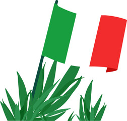 Italian flag is waving on green pole among pointed foliage in flat design, transparent background