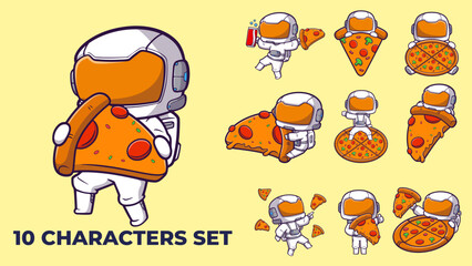 Set of 10 Cartoon Astronaut Pizza Characters set, ideal for marketing, web design, and food branding applications