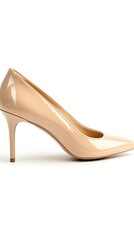 Elegant Nude Patent Leather High Heel Pointed Toe Shoe on White Background