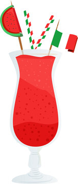 Showing red slushy in glass with straws, watermelon flag, flat, transparent background, copy space