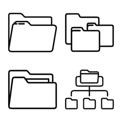 Collection of File Folder Line Icons – Black Outline Folder Silhouettes on White Background for Documents, Storage, and Office Organization UI Design

