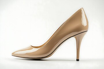Elegant Nude Patent Leather Stiletto Heel Shoe for Fashion Isolated on White