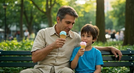 A dad and son enjoy ice cream on a sunny day, sitting on a park bench, sharing a sweet moment in nature's embrace.